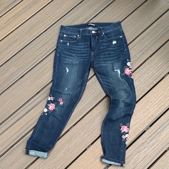 Express Denim - Dark Blue Jeans with Pink Floral Embroidery